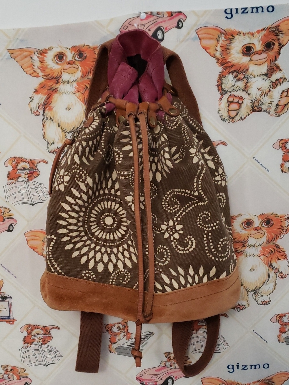 Lucky Brand Brown Suede Floral Canvas Drawstring Backpack
